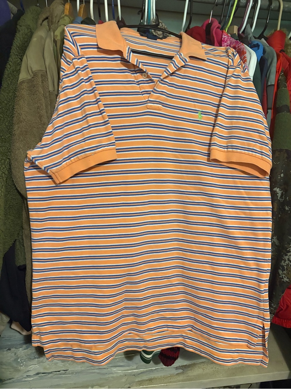 Men’s Vintage Ralph Lauren Peach Orange Striped Polo with Blue & White Lines
